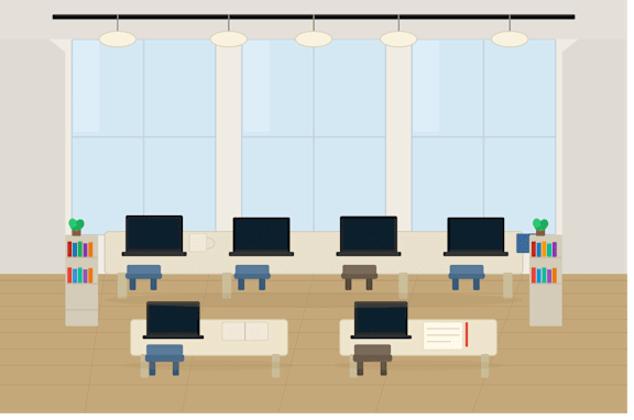 A room with a long row of black TVs on a white stand.