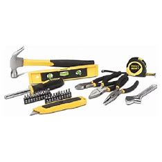 A set of tools including a hammer, screwdriver, and tape measure.