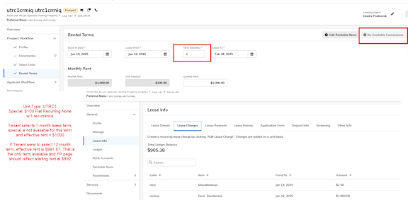 A screenshot of a webpage with a table showing lease information for a property.