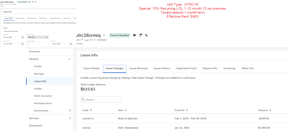 A screenshot of a lease information page with a table showing a lease charge of $115.53.