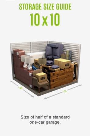 A storage size guide shows a 10x10 storage unit compared to the size of a standard one-car garage.
