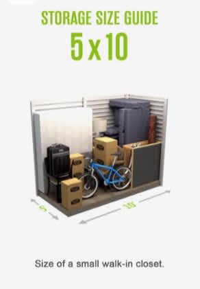 A storage size guide shows the size of a small walk-in closet.