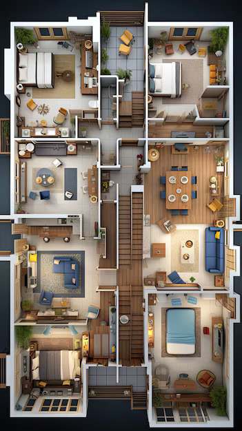 A detailed 3D floor plan of a multi-level apartment.