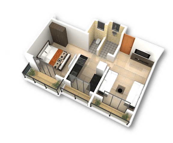 Floor Plan  A 3D floor plan of a house with a kitchen, living room, and bathroom.
