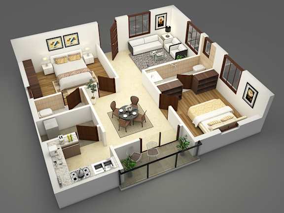 Floor Plan  A 3D rendered image of a modern apartment layout.