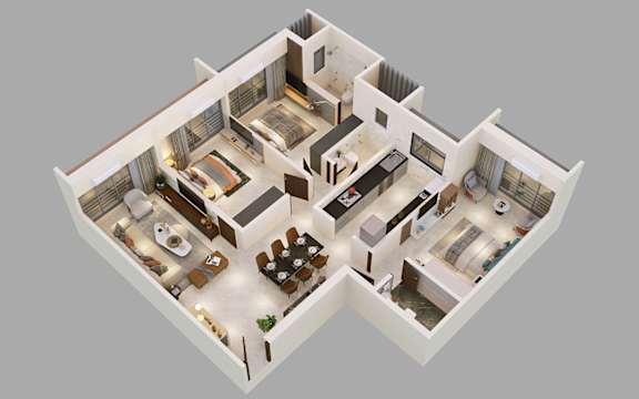Floor Plan  A 3D floor plan of a house with a kitchen, living room, dining room, and bedrooms.