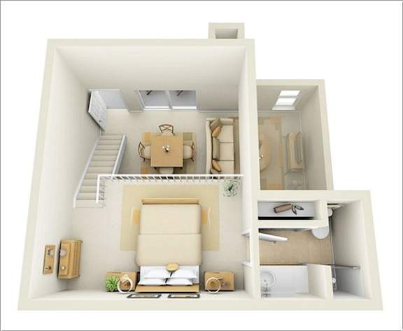 A 3D floor plan of a small apartment with a bedroom, living room, and kitchen.