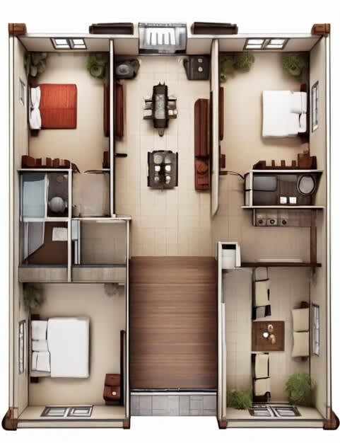 A 3D floor plan of a small apartment with a kitchen, living room, and bathroom.