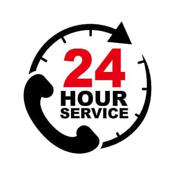 A logo indicating 24 hour service with a clock.