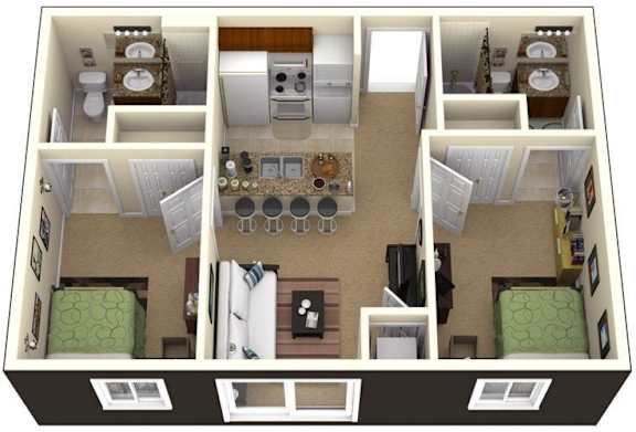 A 3D floor plan of a small apartment with two bedrooms, a living room, a kitchen, and a bathroom.