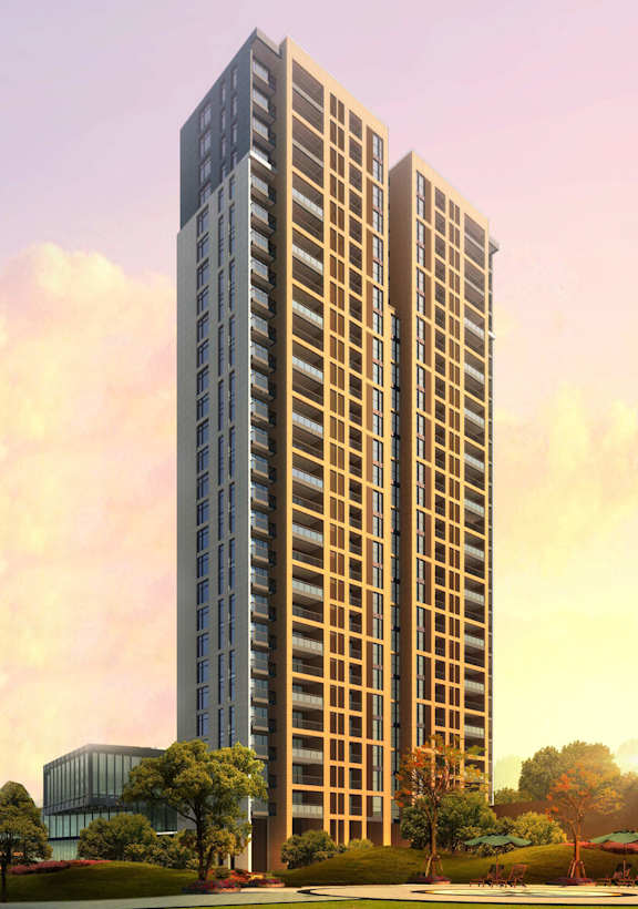 A tall building with many windows is surrounded by trees and other buildings.