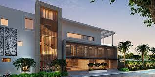 A modern house with a pool in front.