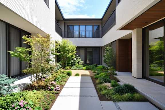 A modern building with a garden in front.