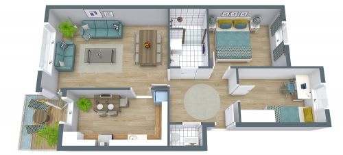 A floor plan of a two-bedroom apartment with a living room, kitchen, and bathroom.