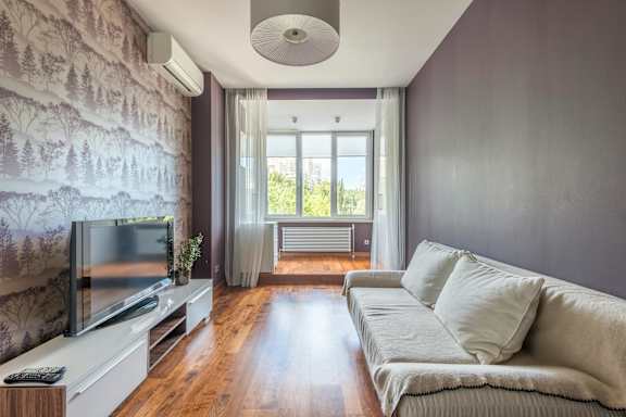 A living room with a television and a couch.