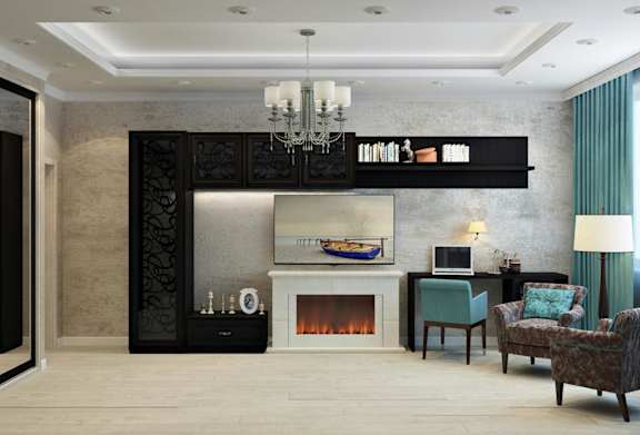 A modern living room with a fireplace and a chandelier.