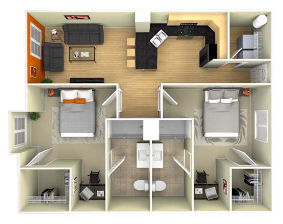 A 3D floor plan of a small apartment with two bedrooms and a living area.