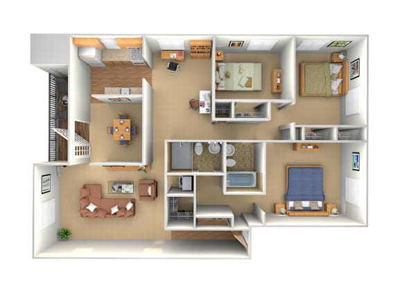 A 3D floor plan of a house showing a kitchen, living room, and bedrooms.