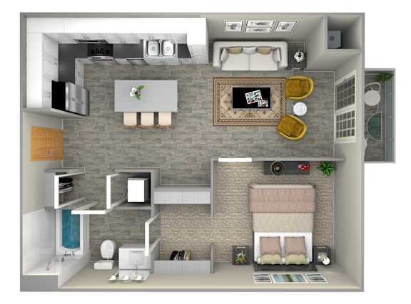 A 3D rendered image of a modern apartment layout.