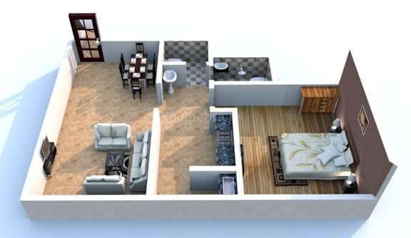 A 3D rendered image of a modern apartment layout.