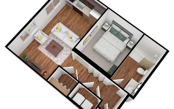 A top down view of a small apartment with a bedroom, living room, and kitchen.