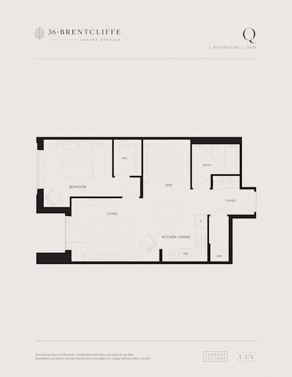 A floor plan of a one bedroom den apartment from Brentcliffe Luxury Rentals.