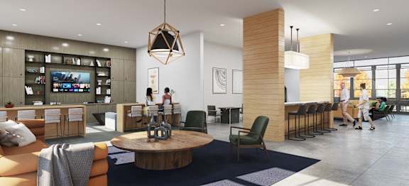 A modern living room with a wooden coffee table and a television in the background.