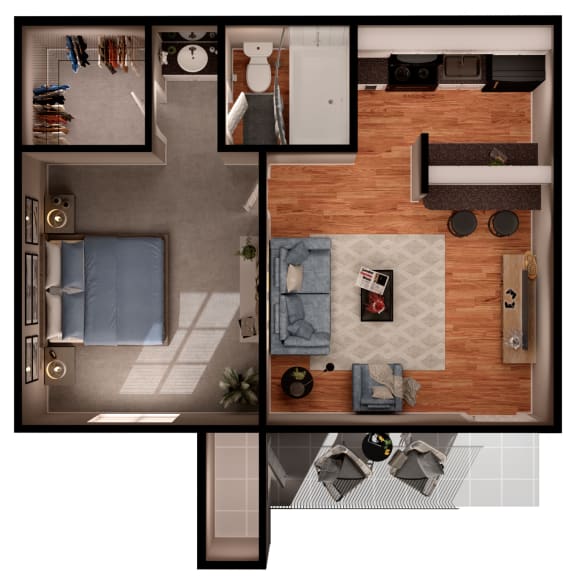 a rendering of our 1 bedroom floor plan