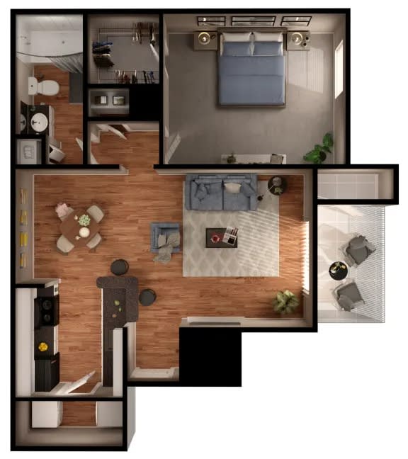 a bedroom with a bed and a dresser in a room