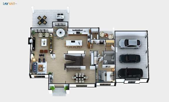 A floor plan of a house with a kitchen, living room, dining room, and two bedrooms.