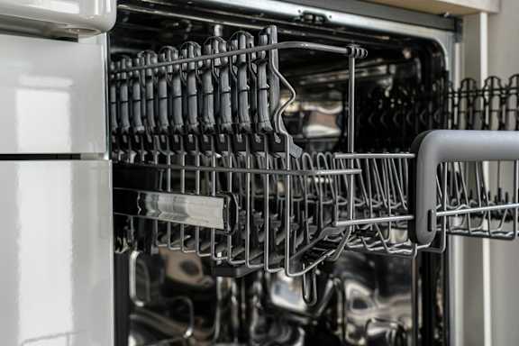 A close up of a dishwasher with the racks filled with dishes.