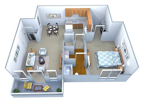 a 3d floor plan of a house with a living room and dining room
