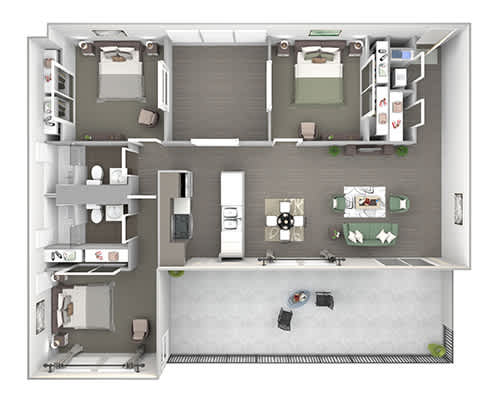 3d floor plan of a 2100 sq ft studio apartment