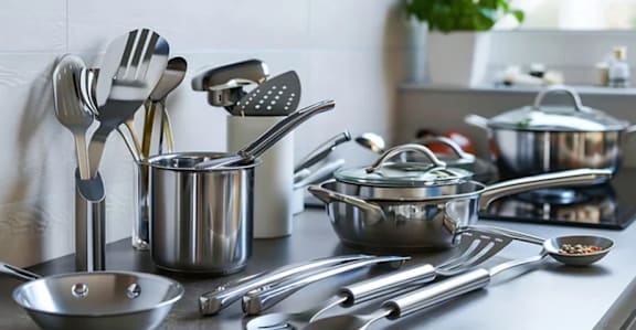 A collection of stainless steel kitchen utensils is displayed on a countertop.