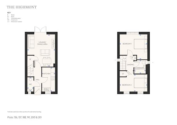 A floor plan of a two-story building with a lounge/dining area on the first floor and a bedroom on the second floor.