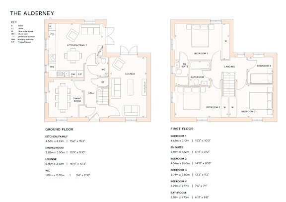 A floor plan of a house named The Alderney, showing the layout of the ground floor and first floor.