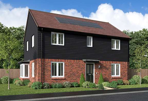 A black house with a red roof and solar panels on the roof.