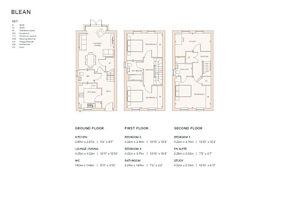 A floor plan of a three-story residential building with labeled rooms and dimensions.