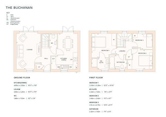 A floor plan of a property named The Buchanan, showing the layout of the first and ground floors.