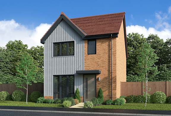 A modern house with a grey and brown exterior and a red roof.