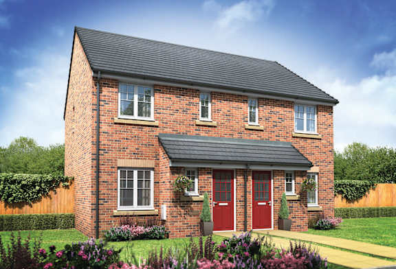 A red brick house with a black roof and a red door.