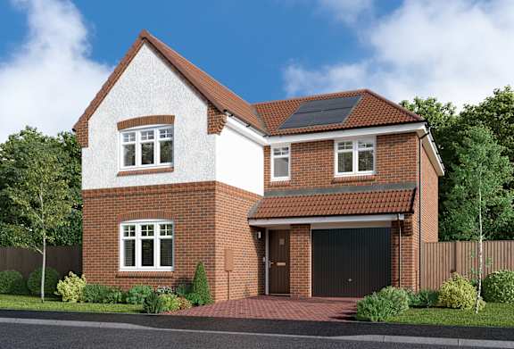 A house with a red brick exterior and a black garage door.