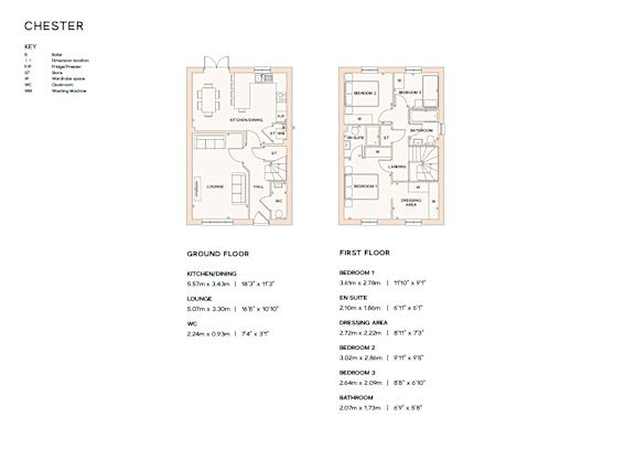 A floor plan for a property named Chester is displayed, showing the layout of the ground and first floors with labeled rooms and dimensions.