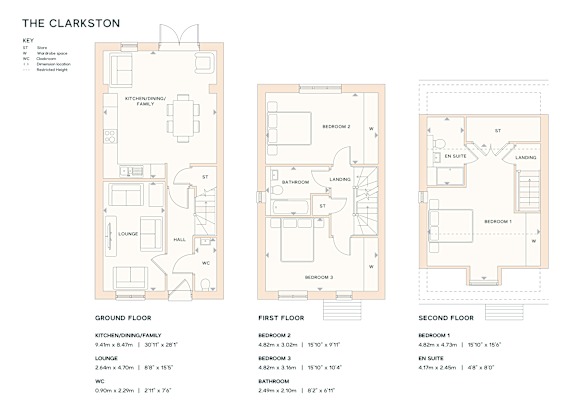 A floor plan for a property called The Clarkston, showing the layout of the ground, first, and second floors.