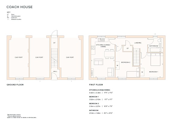 A floor plan of a coach house with a kitchen, dining room, and two bedrooms.