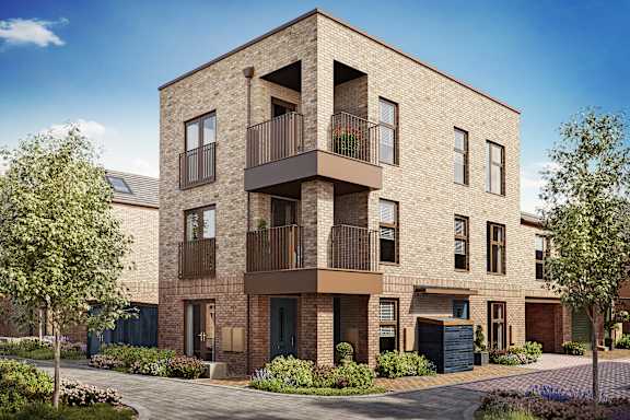 A modern brick apartment building with balconies and doors.