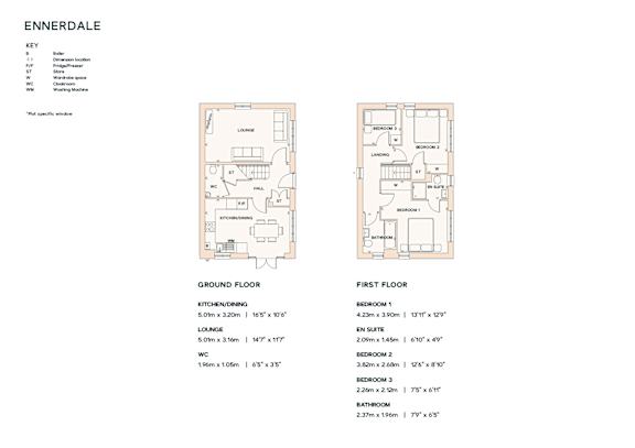 A floor plan for a property named Ennerdale is displayed, showing the layout of the ground and first floors with labeled rooms and dimensions.
