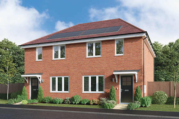 A red brick house with a black door and windows.
