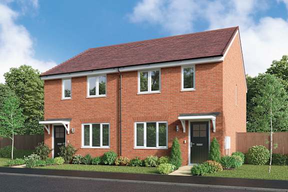 A red brick house with a black front door and windows.