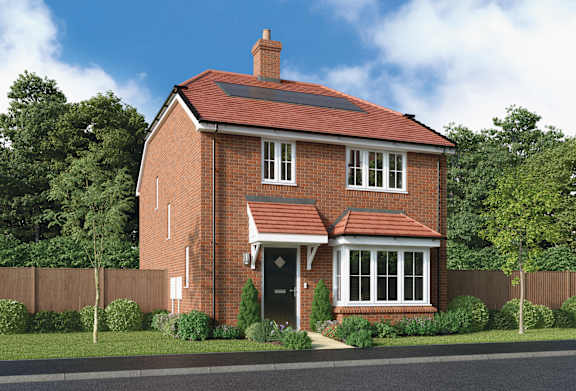 A red brick house with a black door and windows.